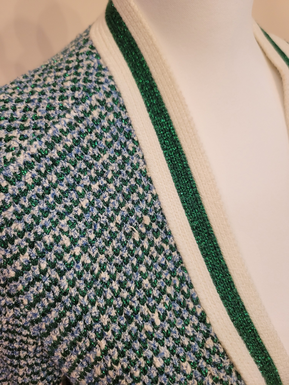 Maje Green V-Neck Cardigan with Cream Trim, Size 2, Gold Buttons, Metallic - Picture 3 of 8